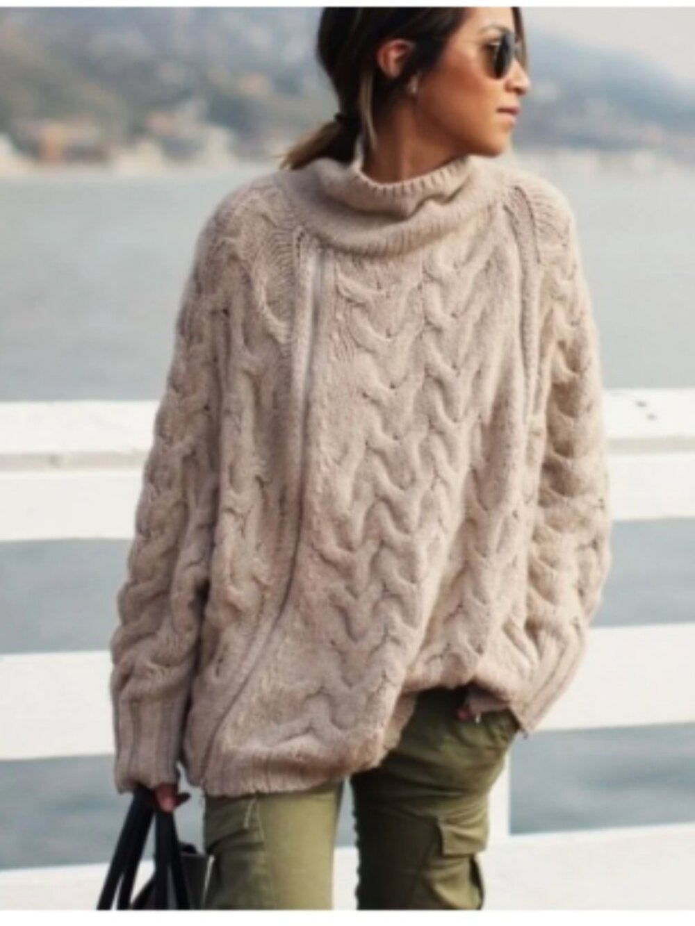 Free People Following Directions Cape Poncho Sweater Cream Alpaca Wool Cable Med